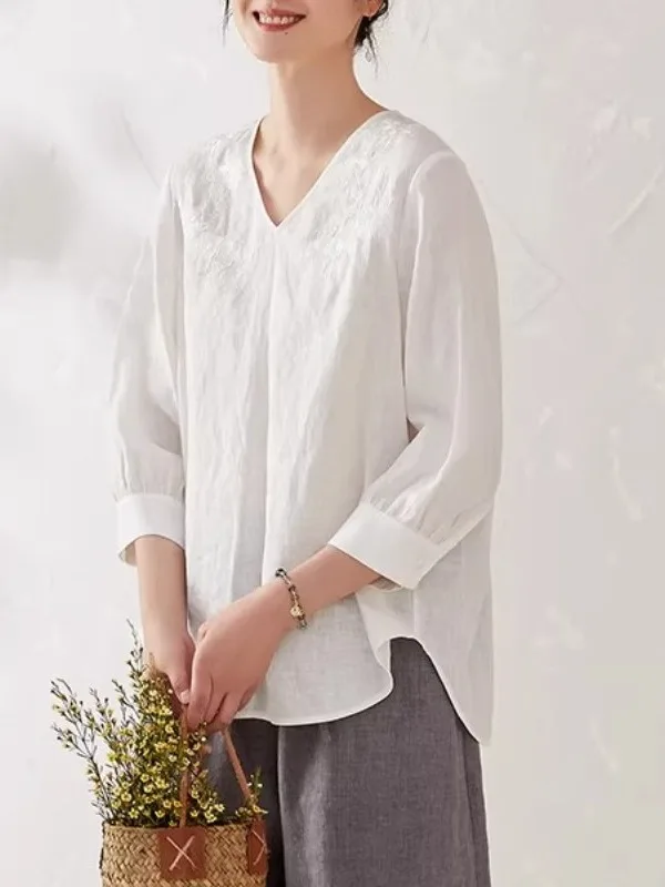 

Summer Thin Embroidered V-Ne Pure Linen White irt Large Size Women's Ele Top Svel Women's Faion Casual irt