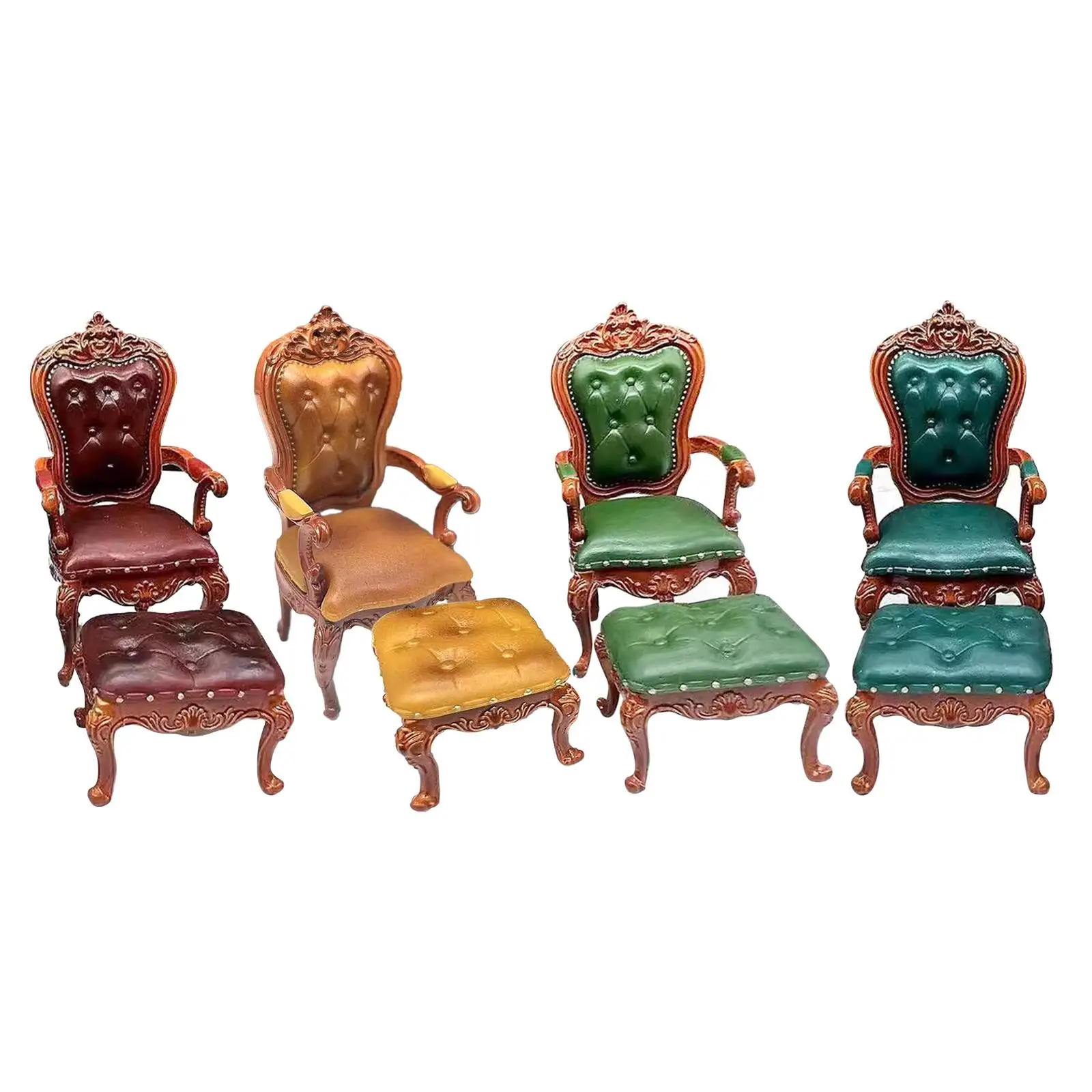 2x 1:12 Scale Dollhouse Chair and Foot Stool Life Scene Furniture Doll Accessories Decoration for Bedroom Living Room Ornaments