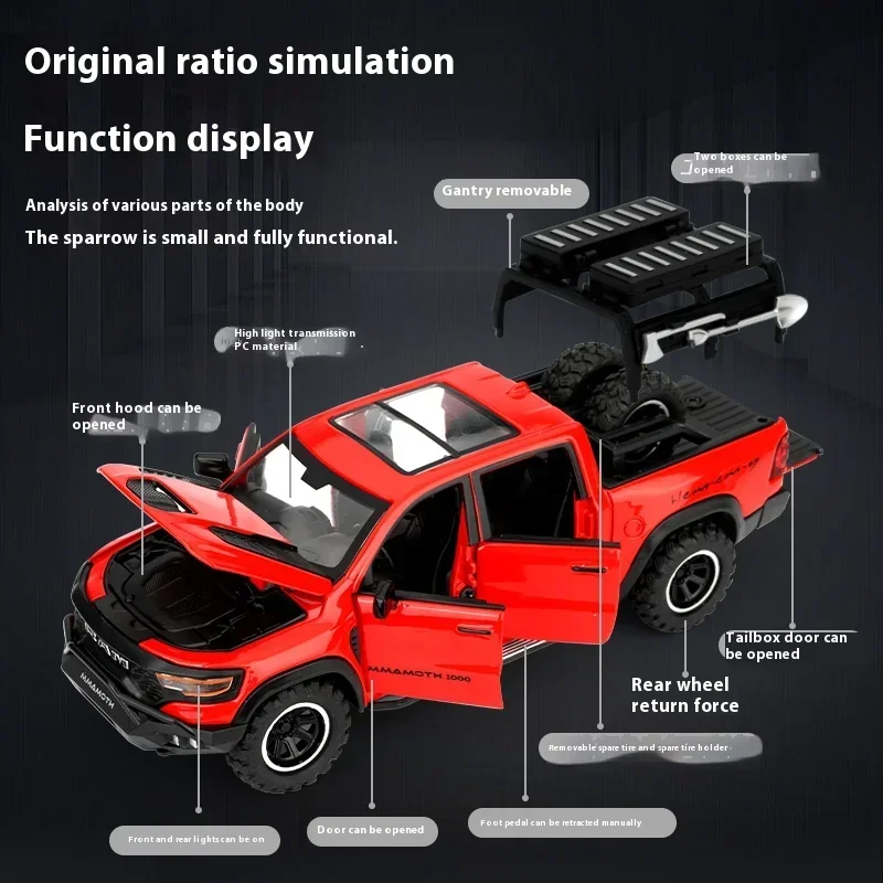 Camioneta todoterreno Dodge RAM 1:32, coche en miniatura de Metal fundido a presión, juguete de tirar hacia atrás, sonido y luz, regalos coleccionables A907