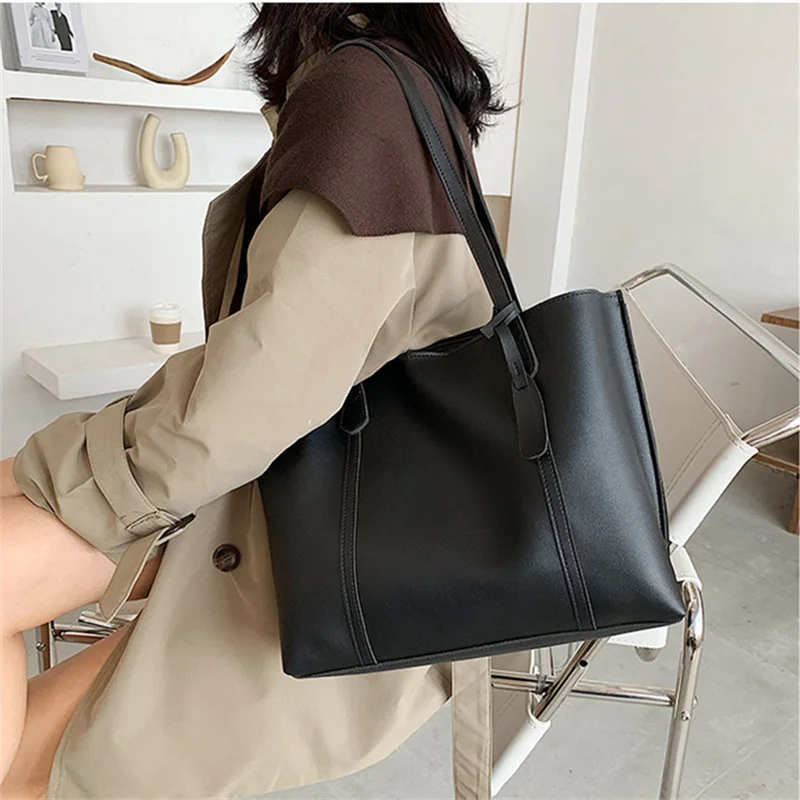 New Casual Large Capacity Retro Shoulder Bags Totes For Women Big Size Simple Versatile Soft Pu Leather Shopping Handbag