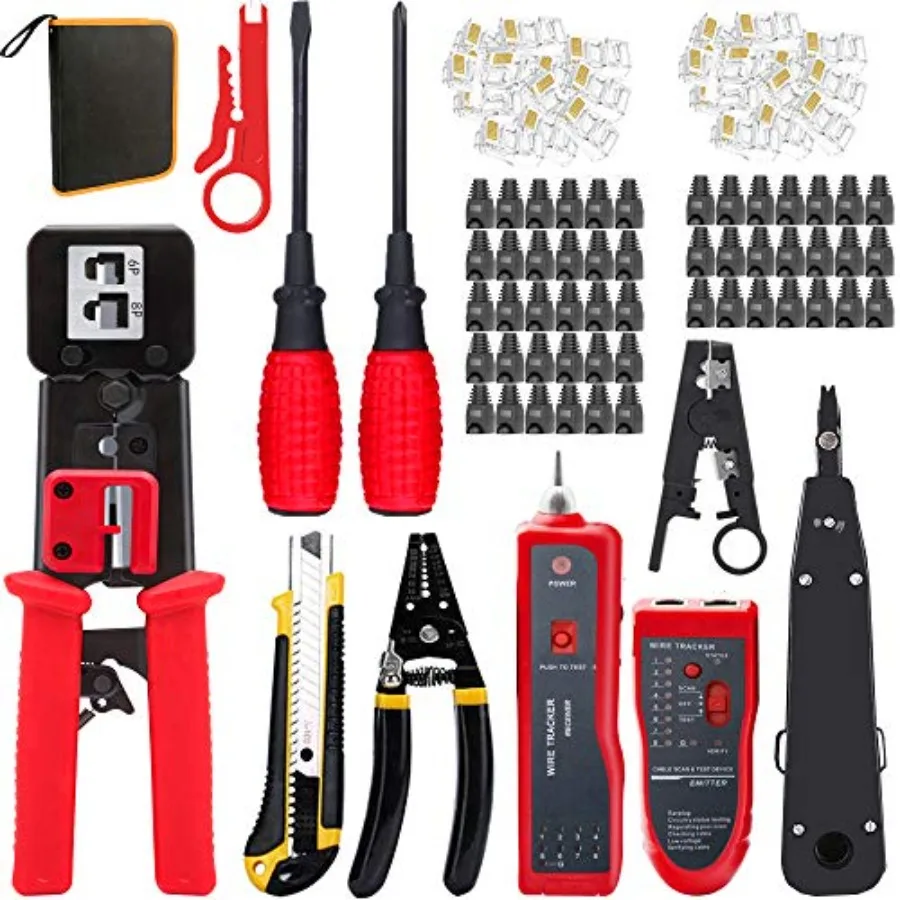 

LEATBUY Crimper Ethernet Kit CAT5 CAT6 Crimping Tool RJ45 Crimp Set for RJ11 RJ12 for Pass Through with 50PC Connector 50PC Cov