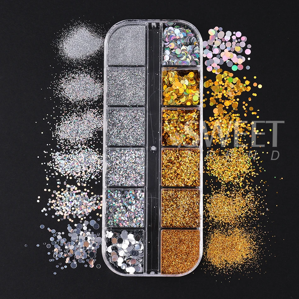 12 شبكة الذهب والفضة مسمار بريق مسحوق المجسم مختلط تألق جولة الترتر رقائق لامعة مانيكير اكسسوارات الديكور فلاش #6