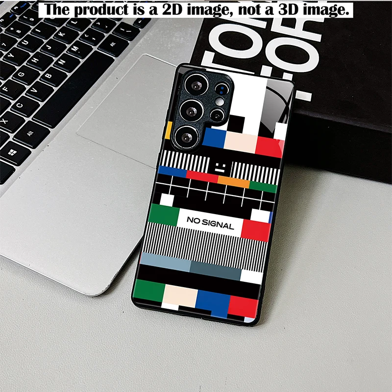 2D Printed Black Glass Phone Case, Retro No Signal Test Card, Shockproof Cover for Samsung S & A Series