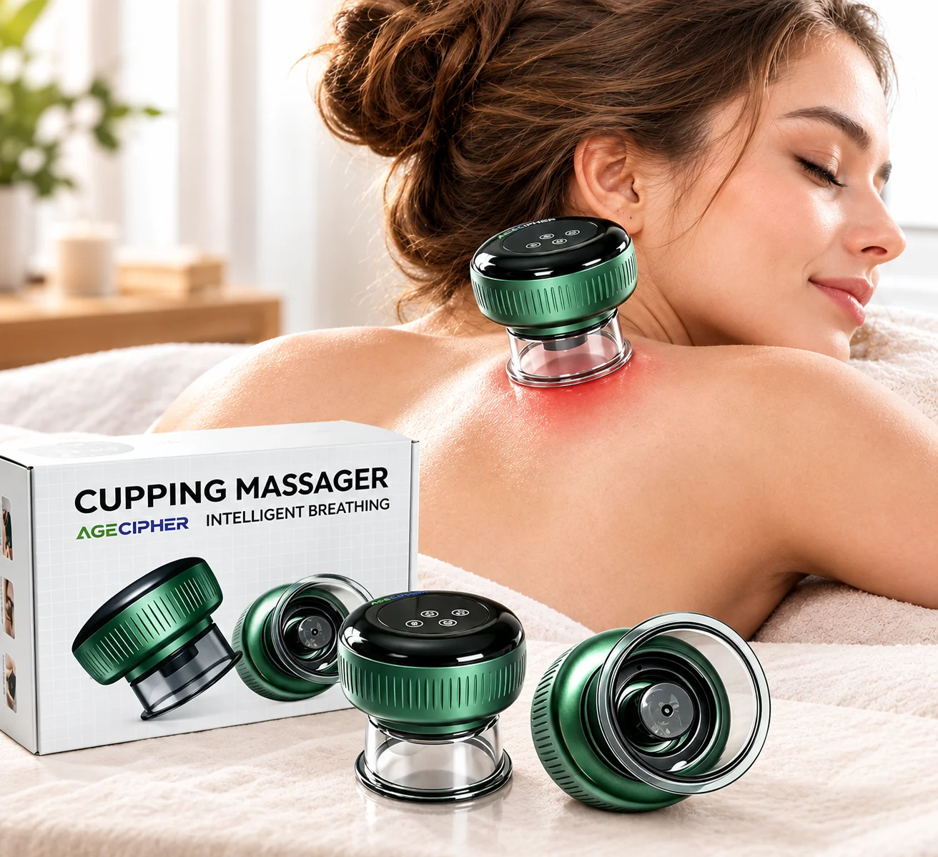 AGECIPHER 3-in-1 Intelligent Massager, Portable Rechargeable Cupping Device, Home Shoulder, Back, Arm, Thigh Relaxation Massage Tool, Vacuum Suction Cupping, Easy to Operate Massage Tool, Green, Ideal Family and Friends Holiday Gift