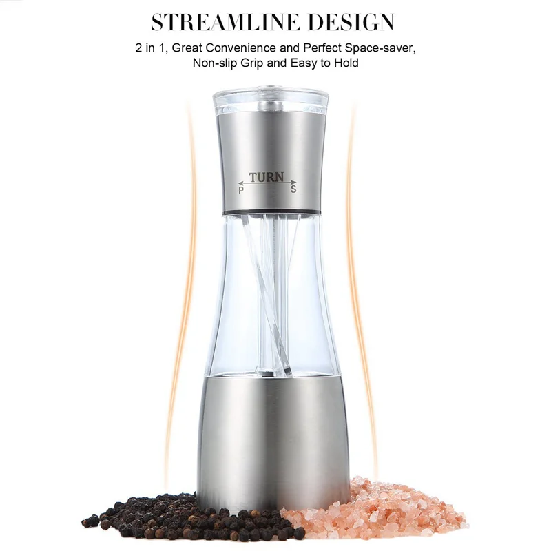 ABBN-2X Pepper And Salt Grinder 2 In 1,Dual Mill Shaker With Adjustable Coarseness By  Rotor, Kitchen Cooking