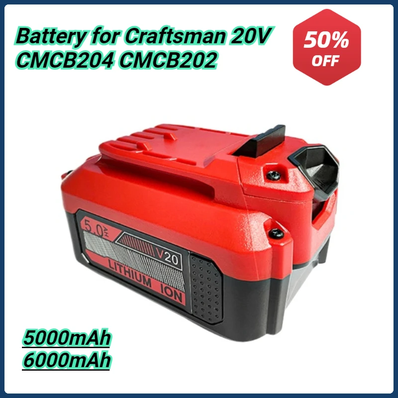 

20V Lithium Battery for Craftsman 20V Battery CMCB204 CMCB202 CMCB201 Cordless Drill Tools 5.0/6.0Ah 20 Volt Battery