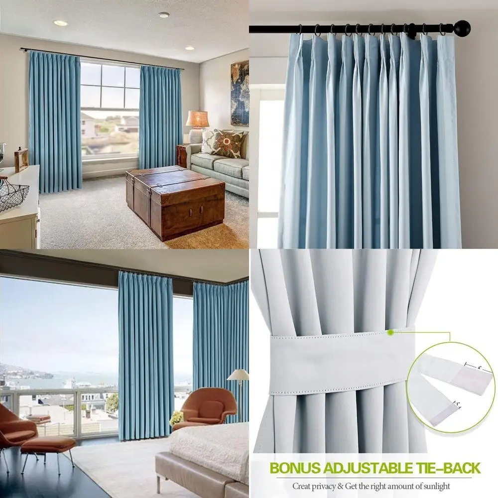 Double Pinch Pleated Curtains Hooks for Living Room Bedroom Bungalow, Light Blue Window Curtains, Wide Size Options for Home Dec
