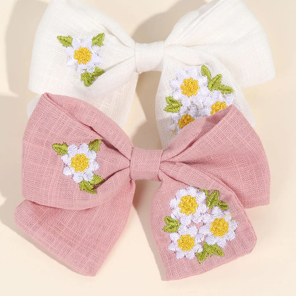 2PCS Embroidery Floral Bow Hairpin Vintage Child Ribbon Flower Hairclips Ribbon Floral Pins For Hair Girls Handmand Headwear