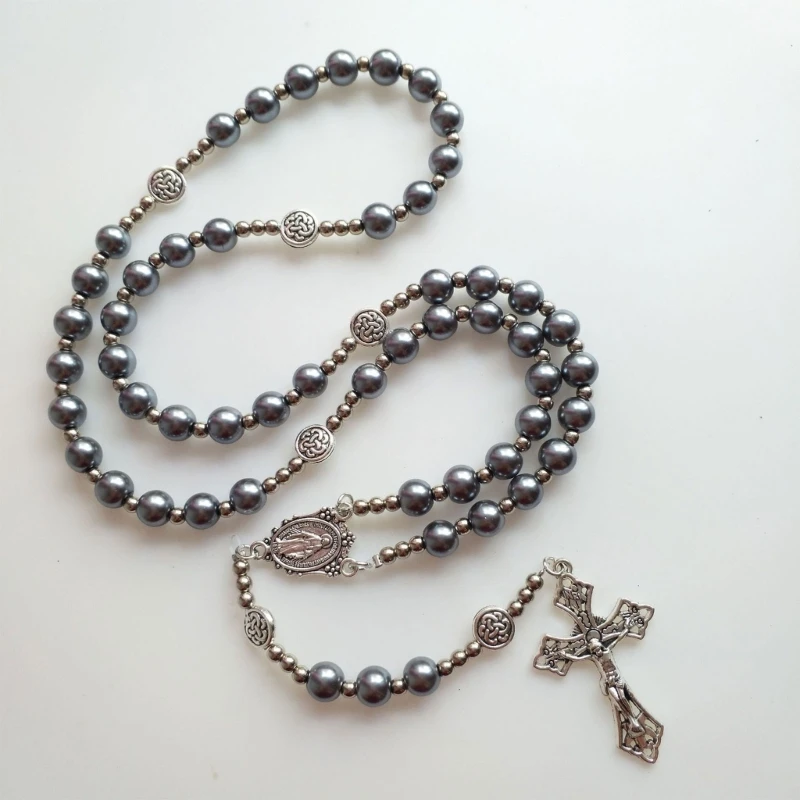 Handmade Glass Bead Rosary Catholic Necklace for Women Girls Jewelry Jesus for Cross Pendant Religious Prayer Necklaces Y5GB