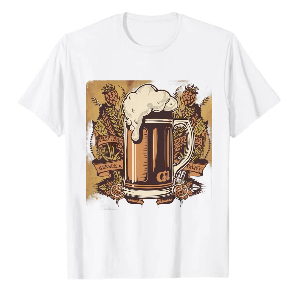 Vintage Oktoberfest Foamy Beer Mug Hop Wheat Pretzel Retro Banner T‑Shirt Classic Bavarian Festival Art Print Casual Cotton Tops