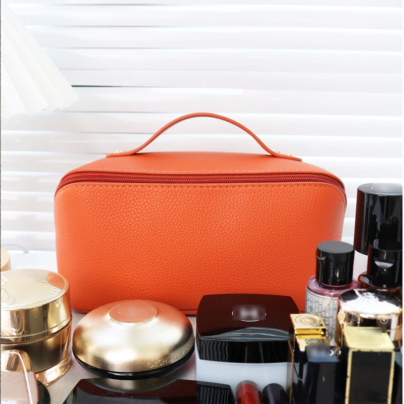 High Quality Large Capacity Fashion New Design Smooth Pebble Leather Makeup Pouch Portable Cosmetics Case Makeup Storage Bag