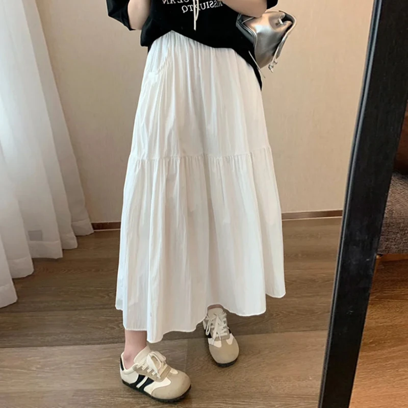 2025 Summer White A Line Skirt Women Korean Fashion Elastic Waist Pleated Long Skirt Woman Solid Color Pocket Mid Skirts Feamle