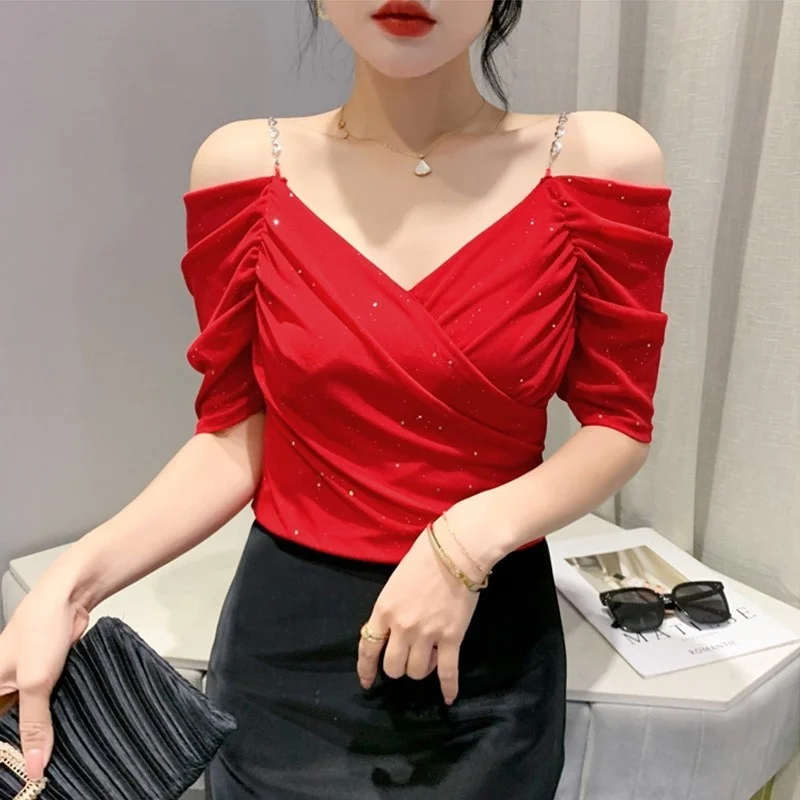 

#5380 Black Blue Red Wrap T Shirt Women Short Sleeve Folds Tight Off Shoulder T-shirt Female Elastic Mesh Short Tee Shirt V-neck