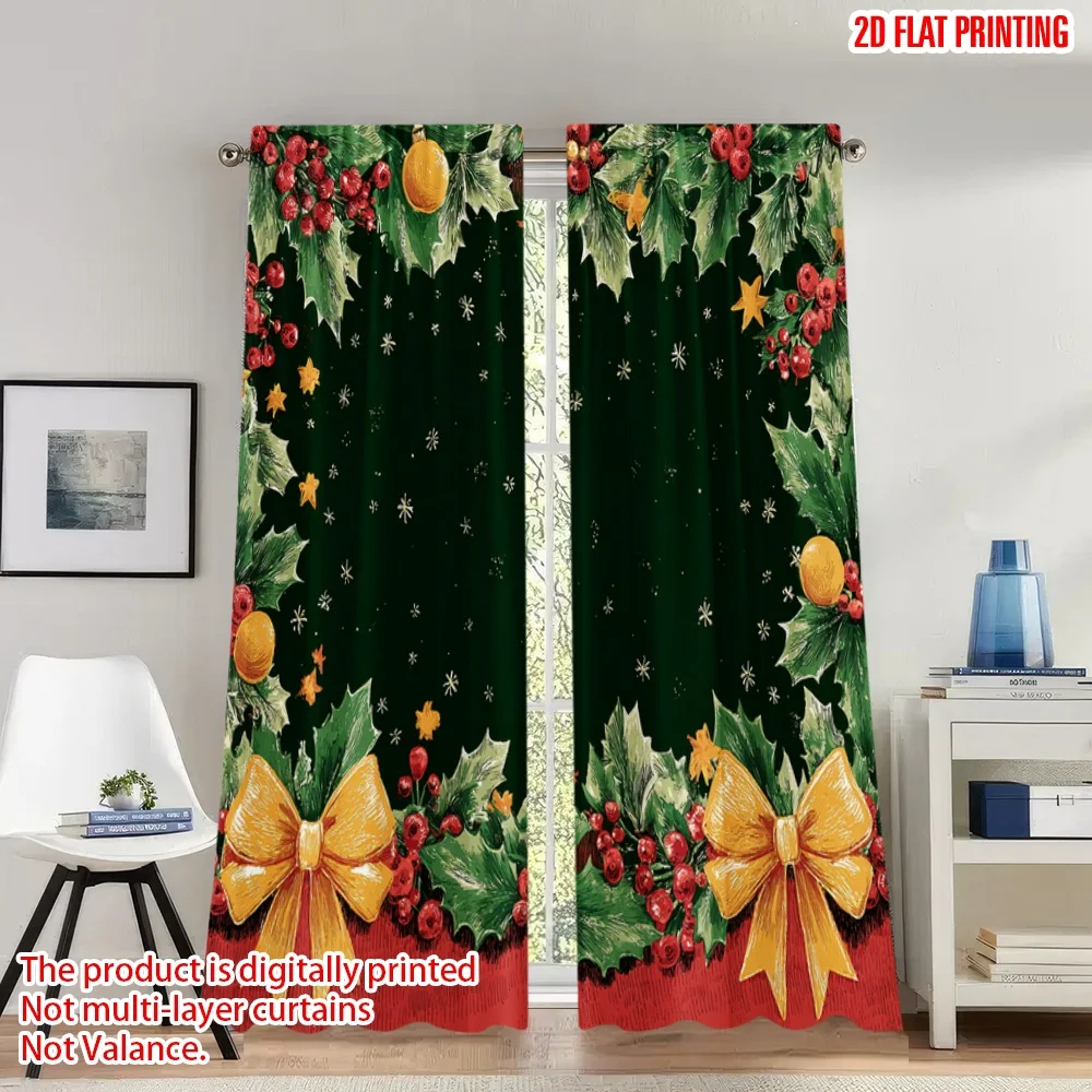 

2pcs 2D flat printing Christmas Curtains Christmas Holly Garland Bow Snowflakes Digital Printed Polyester Drapes Party