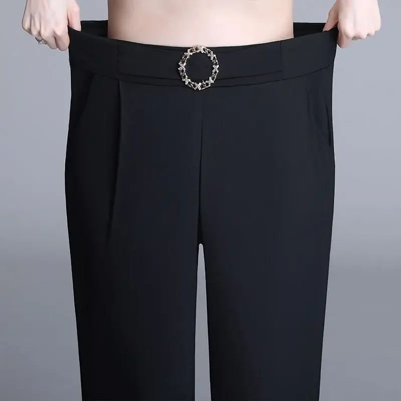 Women's Clothing Spring Autumn Solid Color Elastic Pockets High Waist Loose and Elegant Vacation Trousers Straight Pencil Pants