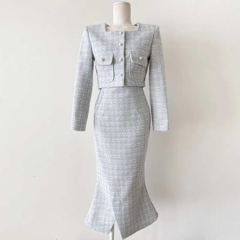 New Korean Autumn Winter Women 2 Pieces Set Single-Breasted Short Coats + Vintage Midi Pencil Skirt Sets Tweed Simple Plaid Suit