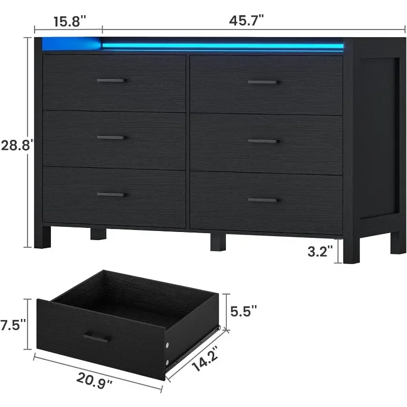 Dresser for Bedroom, 6 Drawer Double Dresser with LED Lights, Wood Chest of Drawers, Modern Storage Dresser for Bedroom