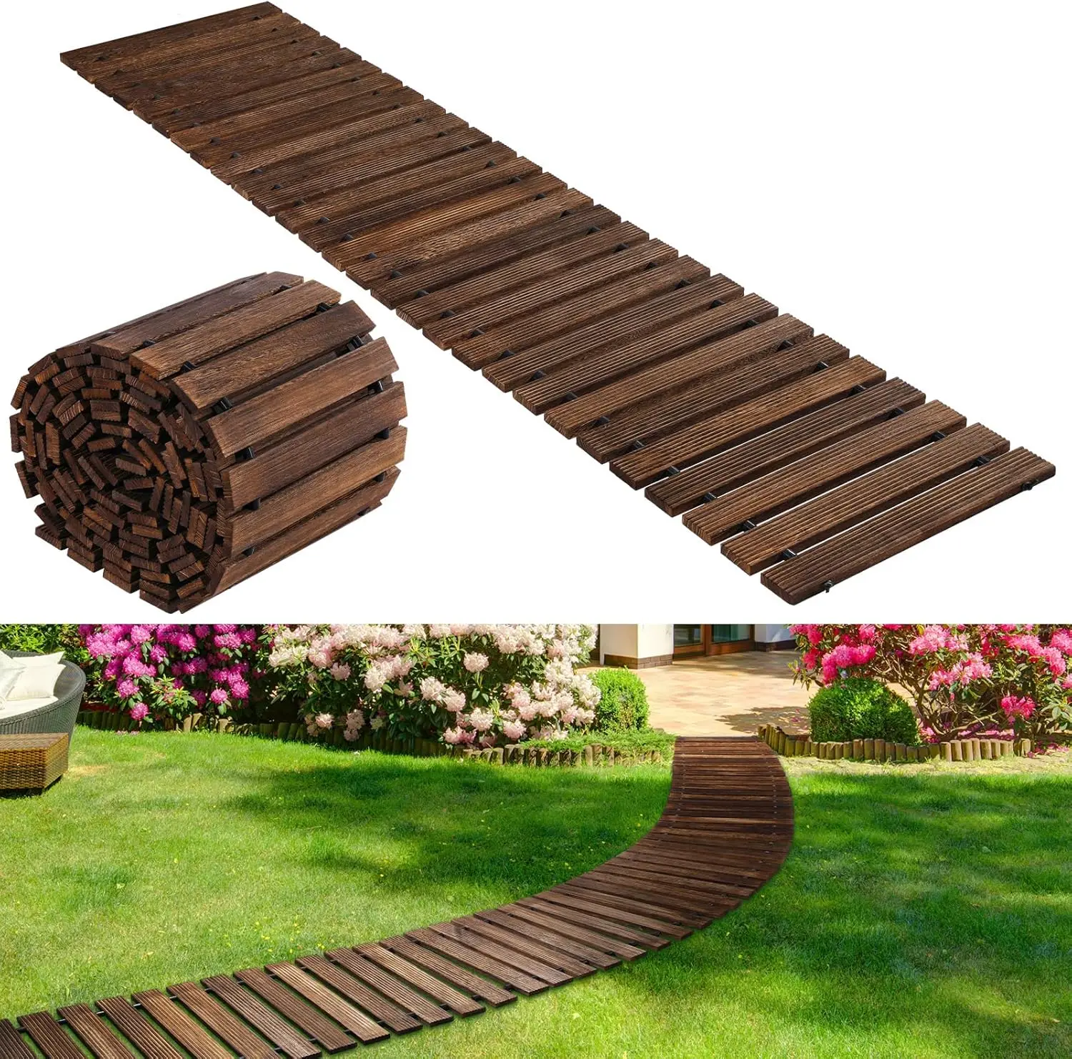 

24Ft Wooden Garden Pathway With Non Slip Surface Roll Out Garden Boardwalk Walkways Road Floor Pathway Rustic Path Decorative