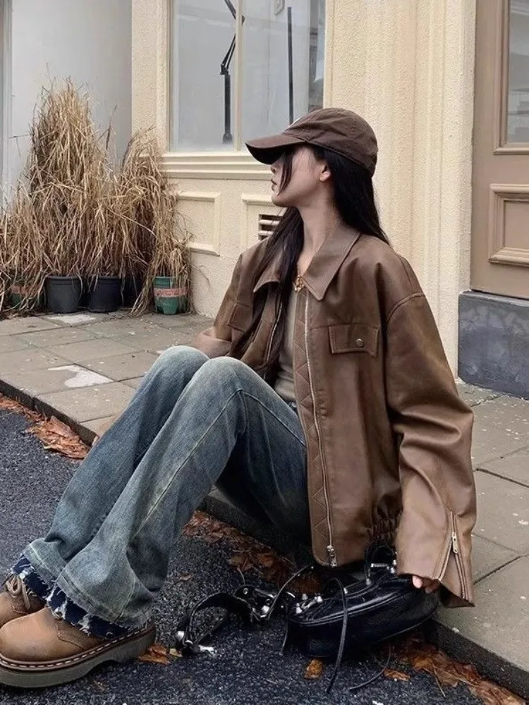 Chaqueta de cuero Vintage marrón High Street para mujer, ropa de calle coreana, chaqueta de cuero informal con cremallera, abrigo holgado de moda de verano para mujer