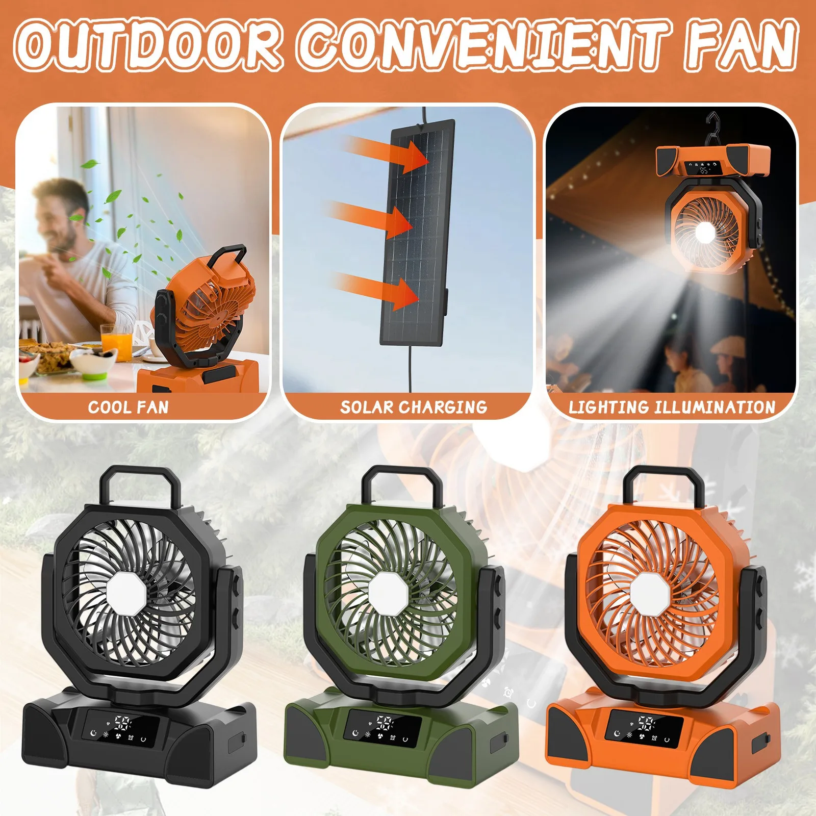 

Camping fan Outdoor solar digital display large capacity emergency power supply shaking head lighting fan rechargeable desk fan