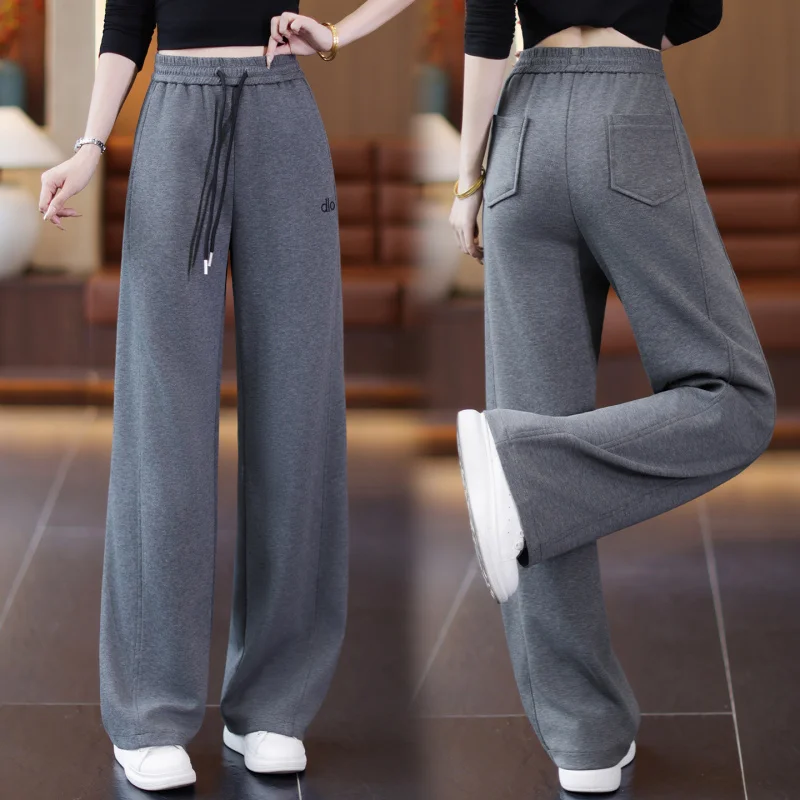 

Gray Straight-Leg Sweatpants for Women, Spring and Autumn New Elastic Waist Slimming Straight-Leg Draped Casual Pants, Sports Pa