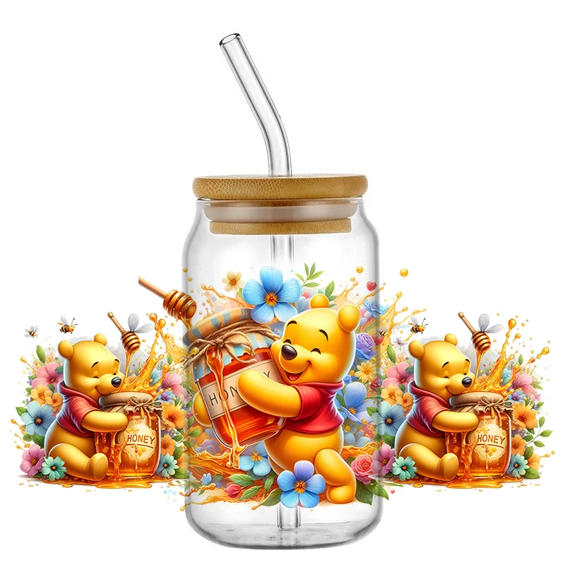 Cartoon-Honigbär-Figuren UV-DTF-Transferfolie 16oz wasserdichter, permanent haftender Transferaufkleber Becherfolie Heimdekoration