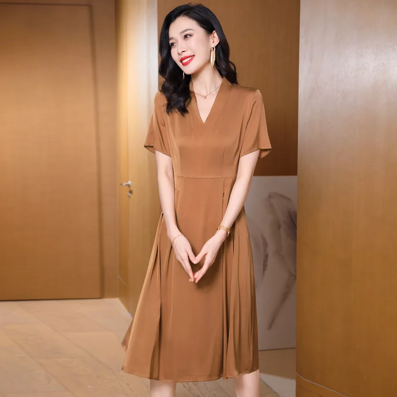 Heavy Natural Mulberry Silk Women\'s Dress Medium Long Fashion New Solid V-neck  Clothing Women  Dress  Summer Party Dress