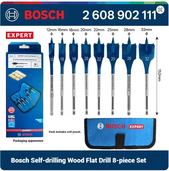 Bosch 8Pcs Self Cut Speed Flat Spade Drill Bits 12/16/18/20/22/25/28/32mm Hex Shank Wood Drilling Tool Kit 2608902111