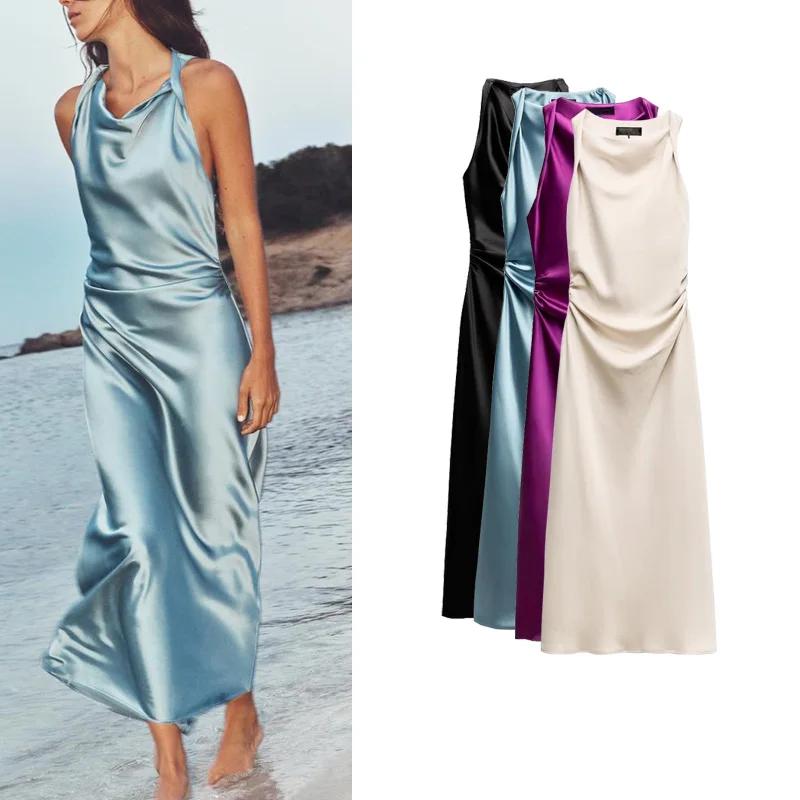 Early Autumn Silk Satin Long Dr Midi Dr High Waist A-Line Skirt Svel round Neline Commute Sle Summer Faion