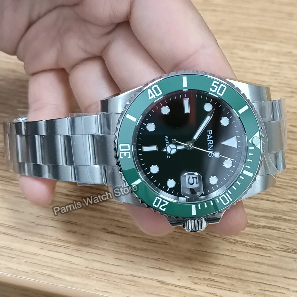 Parnis-reloj mecánico automático para hombre, cronógrafo de acero inoxidable con esfera negra, cristal de zafiro, calendario, 40mm