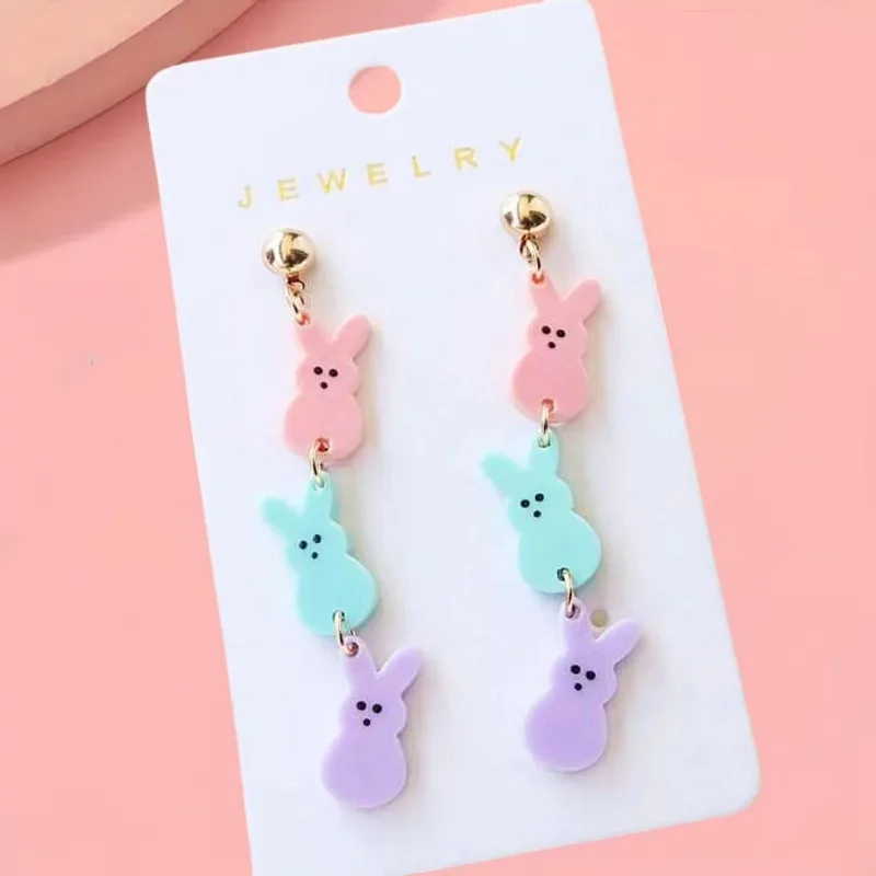 3 Pair/card Multicolor Acrylic Rabbit Cute Stud Earrings Fashion Easter Festival Jewelry Women for Party or Daily