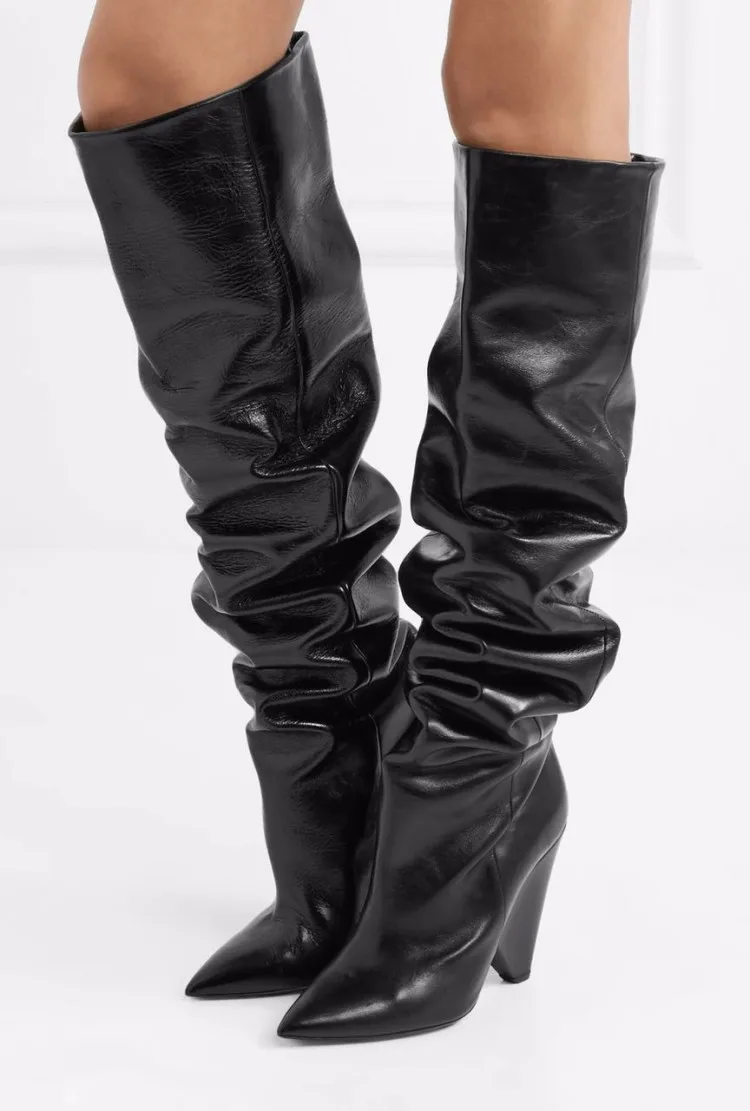 

Женские кожаные сапоги выше колена с напуском, сапоги до колена с острым носком и блочным каблуком, элегантные повседневные ботинки на осень-зиму