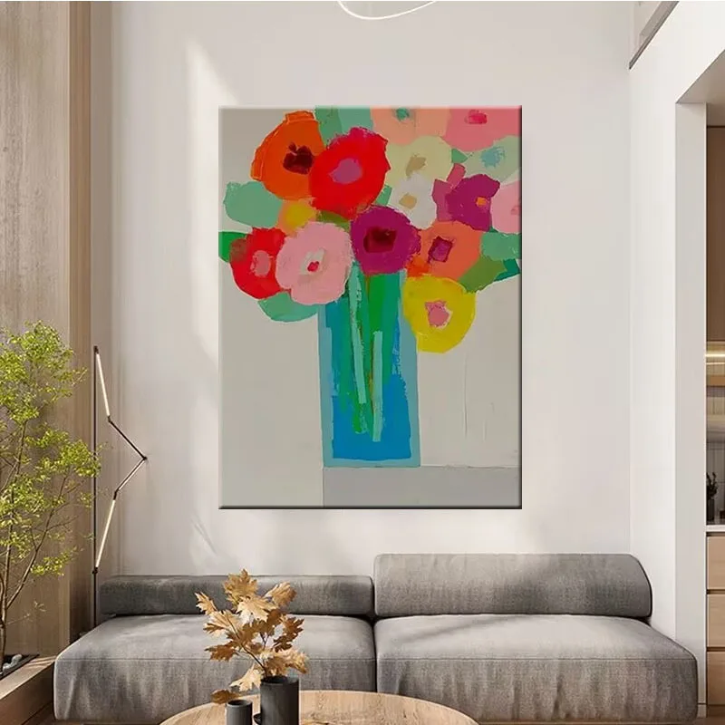 Lukisan minyak yang dilukis dengan tangan, lukisan dekoratif ruang makan bunga berwarna-warni, dinding latar belakang ruang tamu abstrak