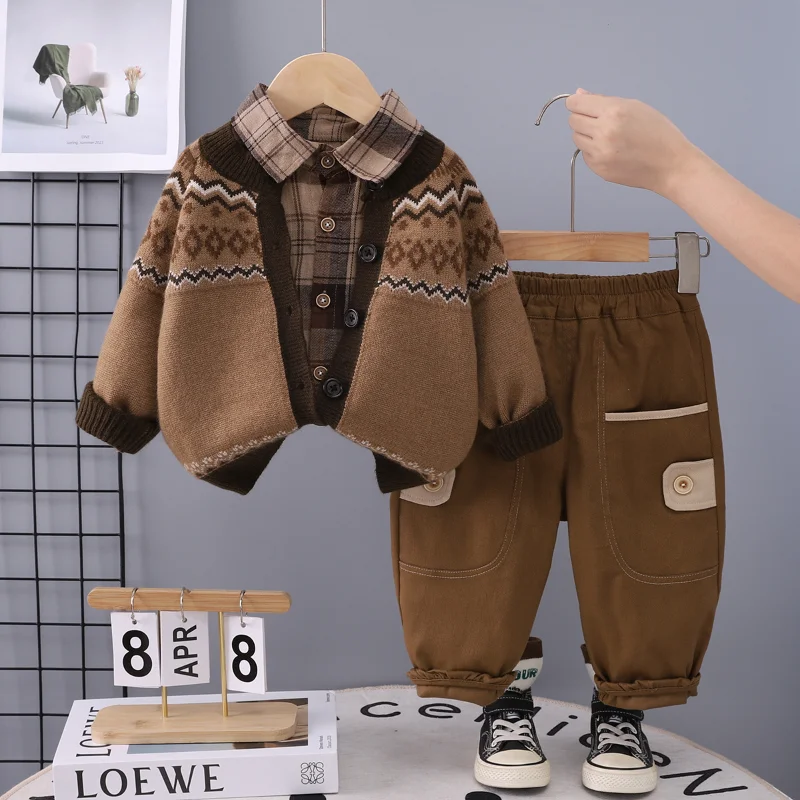 

New Spring Autumn Baby Clothes Children Jacket Plaid Shirt Pants 3Pcs/Sets Kids Boys Clothing Infant Costume Toddler Tracksuits