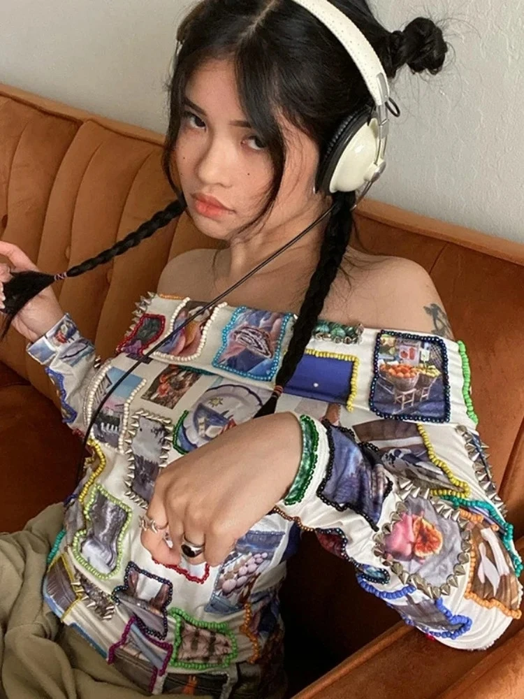 قميص مطبوع قبالة الكتف المحاصيل الأعلى النساء Y2k ملابس طويلة الأكمام النسوية قميص سليم صالح Camisetas الكورية Ropa De Mujer