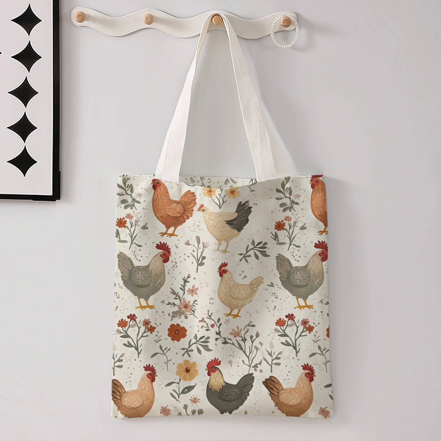 Hen Rooster Vintage Floral Print Tote Bag Large Capacity Shoulder Handbag For Shopping Travel Daily Commute