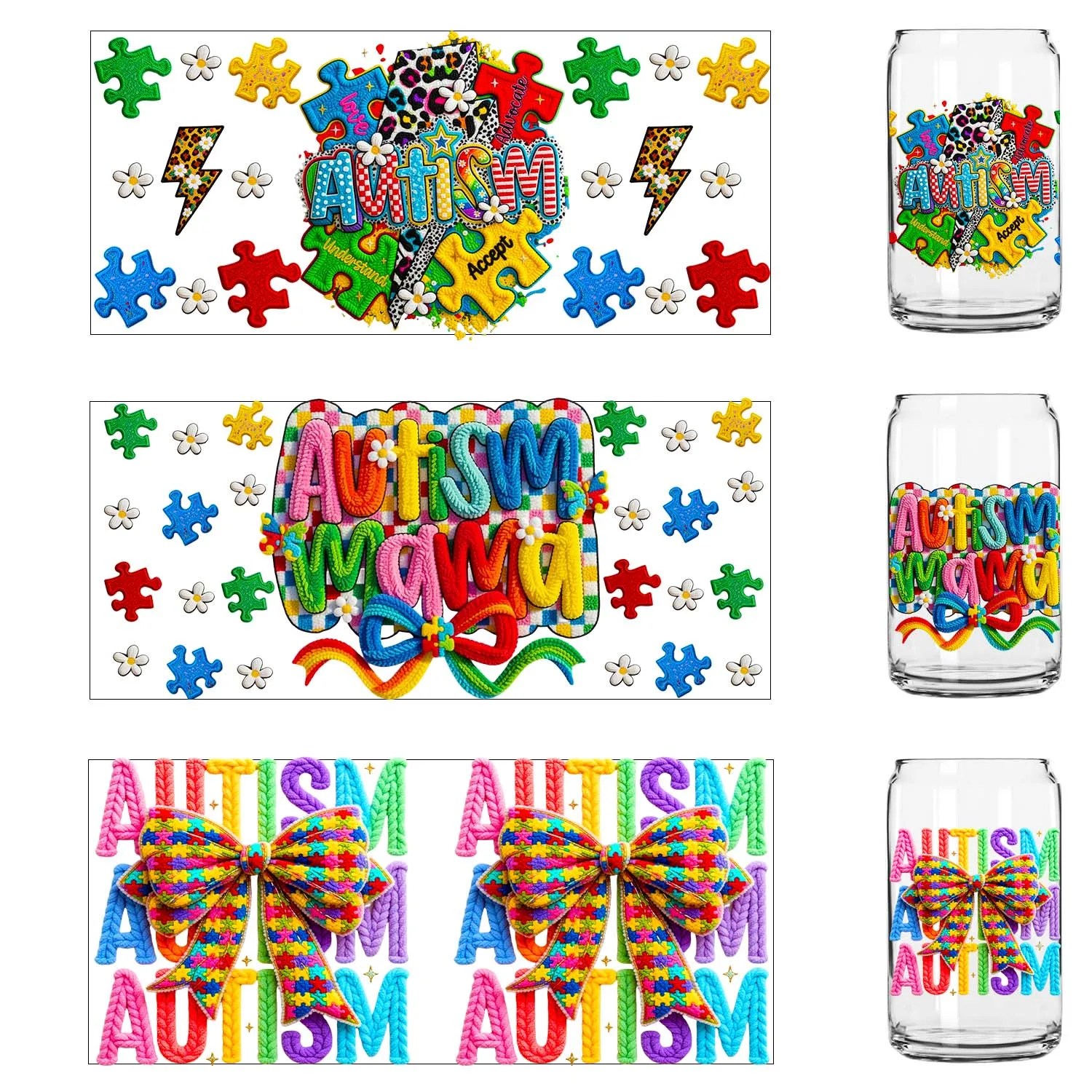 Autism series UV DTF easy peel waterproof Party DIY Decals 3D transfers uvdtf tumbler seal stickers 16oz uv dtf cup wraps view 3