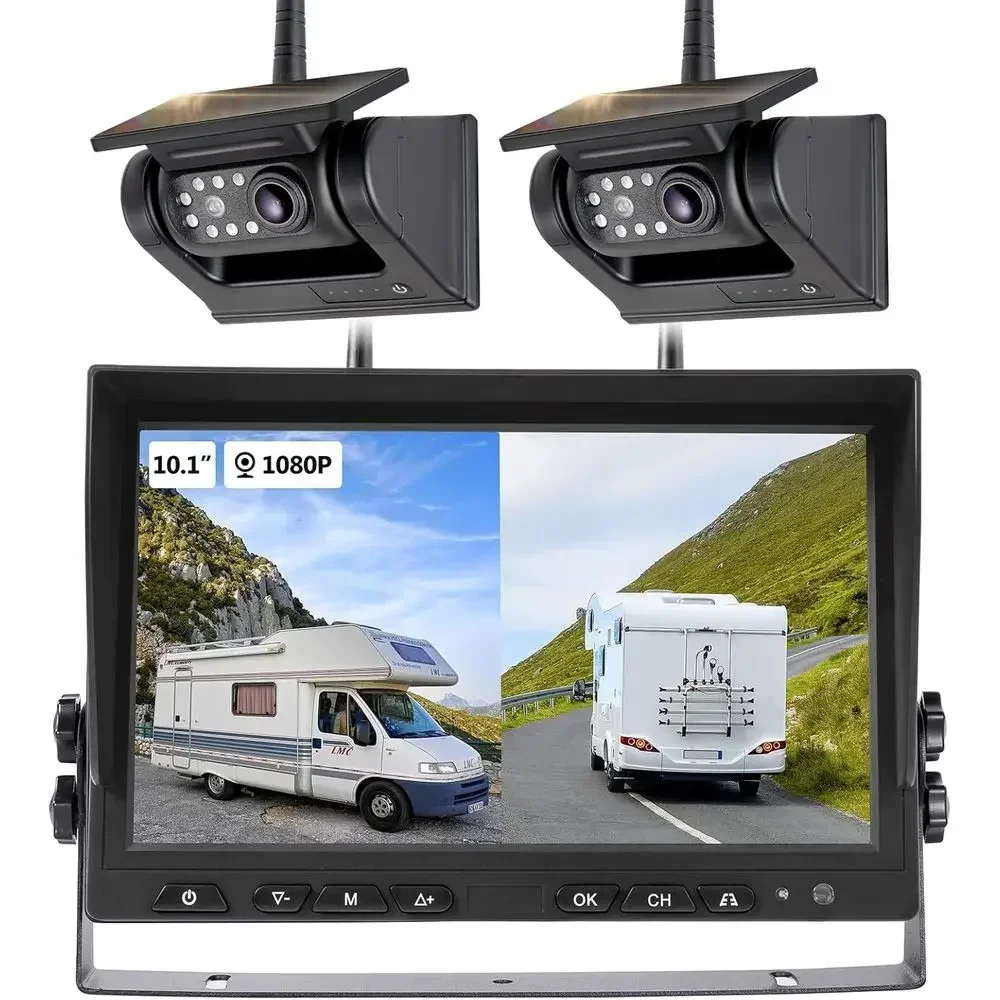 10.1" - 2 Magnetic Solar Wireless Backup Camera, HD 1080P DVR Monitor, Dual RV Cameras System for Hitch Towing RV Camper Trailer