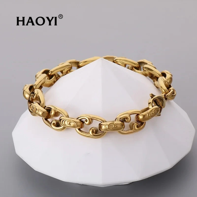 HAOYI New Hip Hop Style Gold Color Bracelet Stainless Steel Men\'s Chain Engraved Texture Jewelry