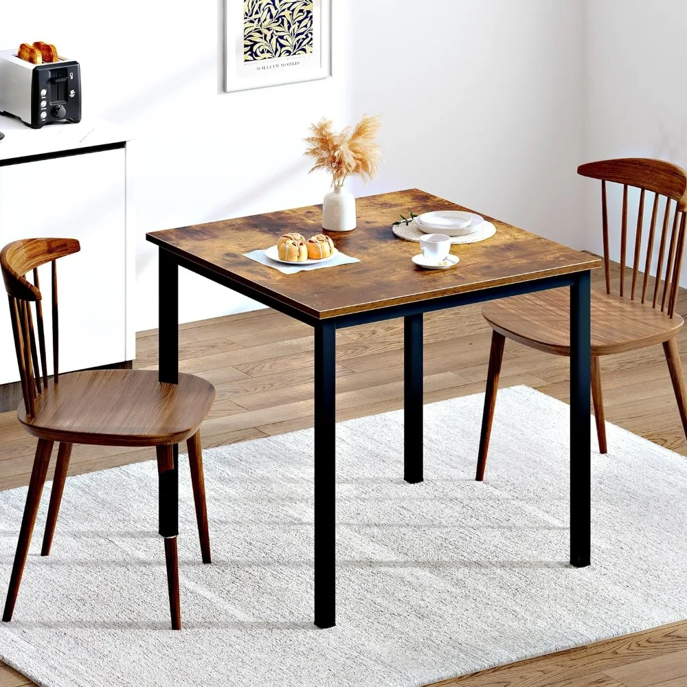 Dining Table, Sturdy and Heavy-Duty Writing Desk, Rustic Brown Color Desktop & Black Frame, Small Square Dining Table