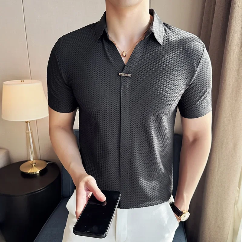 Men Waffle Polo Shirt 2024 British Style Summer Ice Silk Thin Solid Casual Elastic Slim Fit Short Sleeved T-shirt Men Clothing