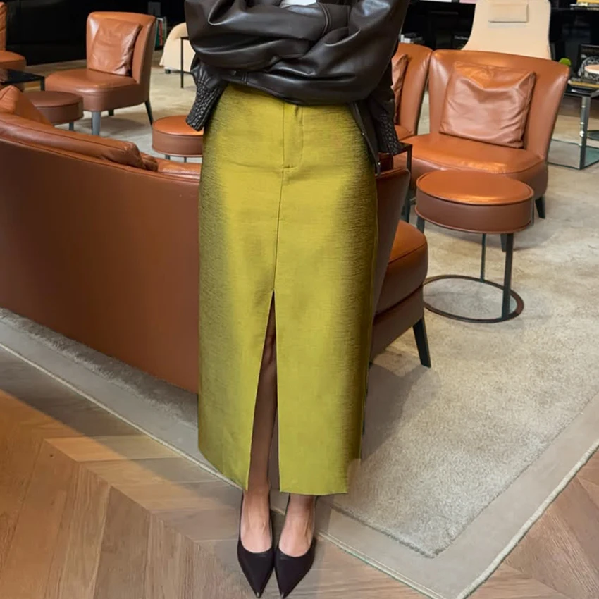 Linad Elegant Green Satin Long Trumpet Skirts Women Office Lady High Waist Mid Calf Skirt 2026 Autumn Sexy Split Skirts Female