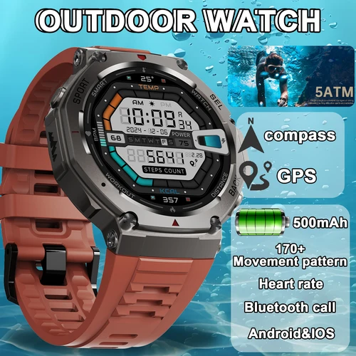 스마트 야외 시계 500mAh Bulit-in GPS 나침반 고도계 기압계 5ATM Waterpro 170+스포츠 모드 Bluetooth 통화 새로운 Smartwatch