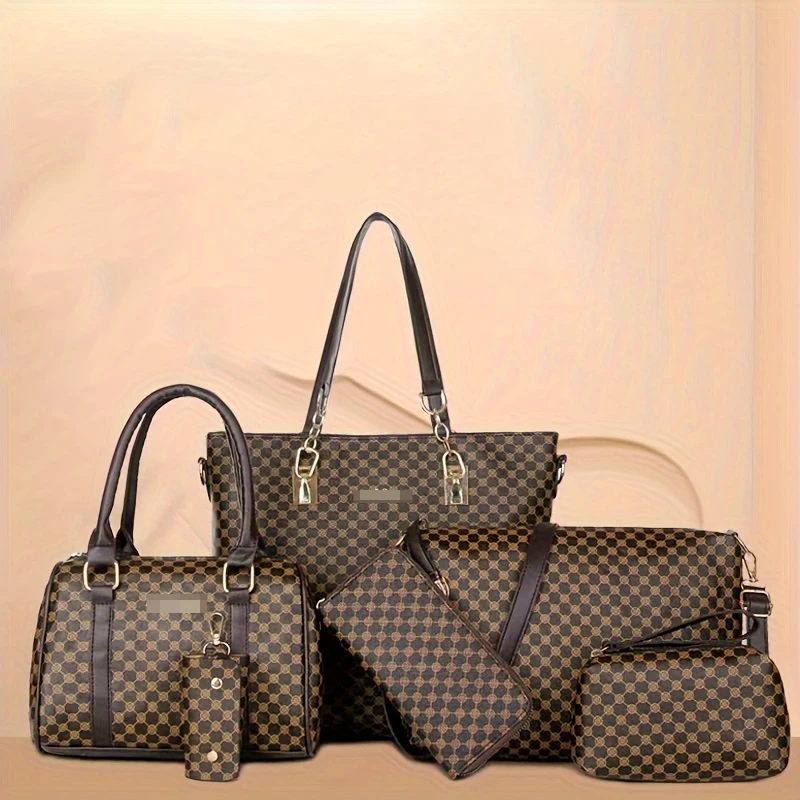 

6pcs Geometric Pattern Bag Set, Fashion Tote Bag With Boston Handbag Crossbody Bag Long Wallet Clutch Bag Key Holder For Women