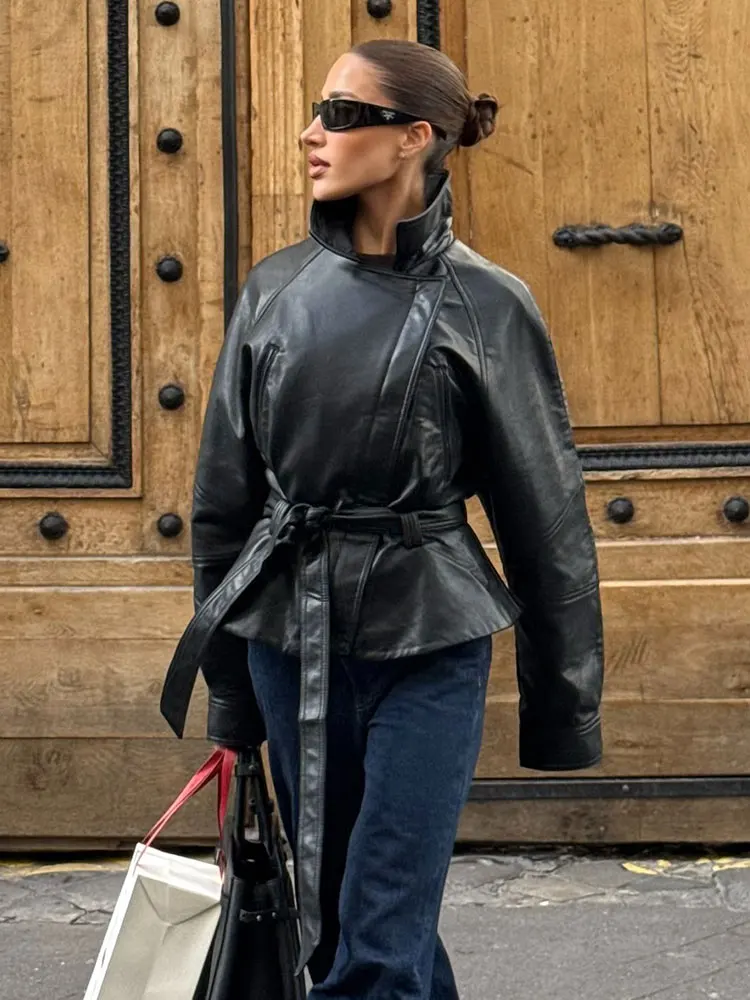 

HH женские уличные модные кожаные пальто однотонные с лацканами на молнии на шнуровке асимметричные 2025 женские винтажные короткие ветровки