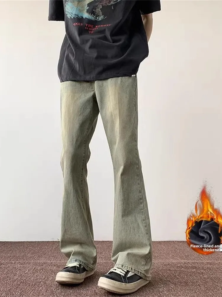 

Мужские джинсы-клеш в стиле ретро с флисовой подкладкой, утепленные, осенне-зимние, зауженные, из денима, молодежные, трендовые, износостойкие