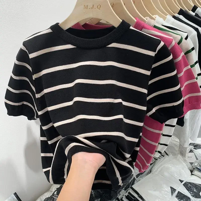 White Striped Short Sleeved T-shirt for Women Fashion LOOSE T-shirts Casual Simple Versatile Knitted Top Women 2024 Summer New