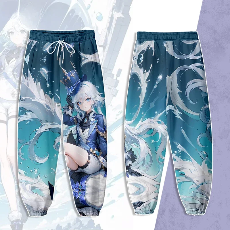 Anime Genshin Impact 3D spodnie joggery mężczyzn/kobiet spodnie typu Casual Harajuku hiphopowe spodnie dresowe Furina Focalors kostiumy Cosplay