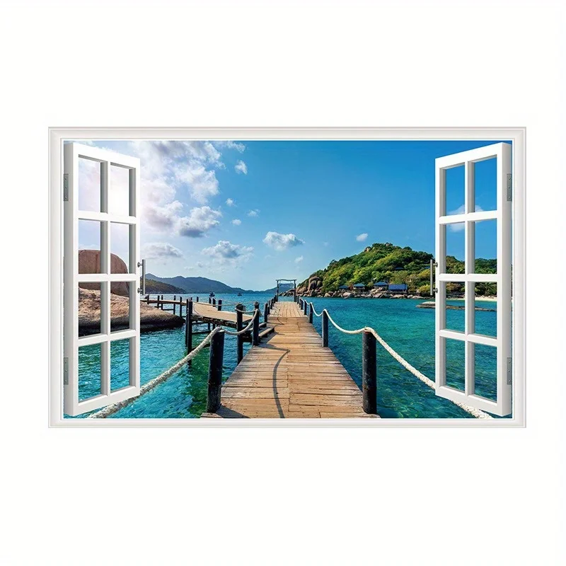 3D Natural Scenery Fake Window Stickers Sakura Tree Beach Building Wall Art Mural Decals Home Office Decoration Vinyl Wallpaper - Image 5