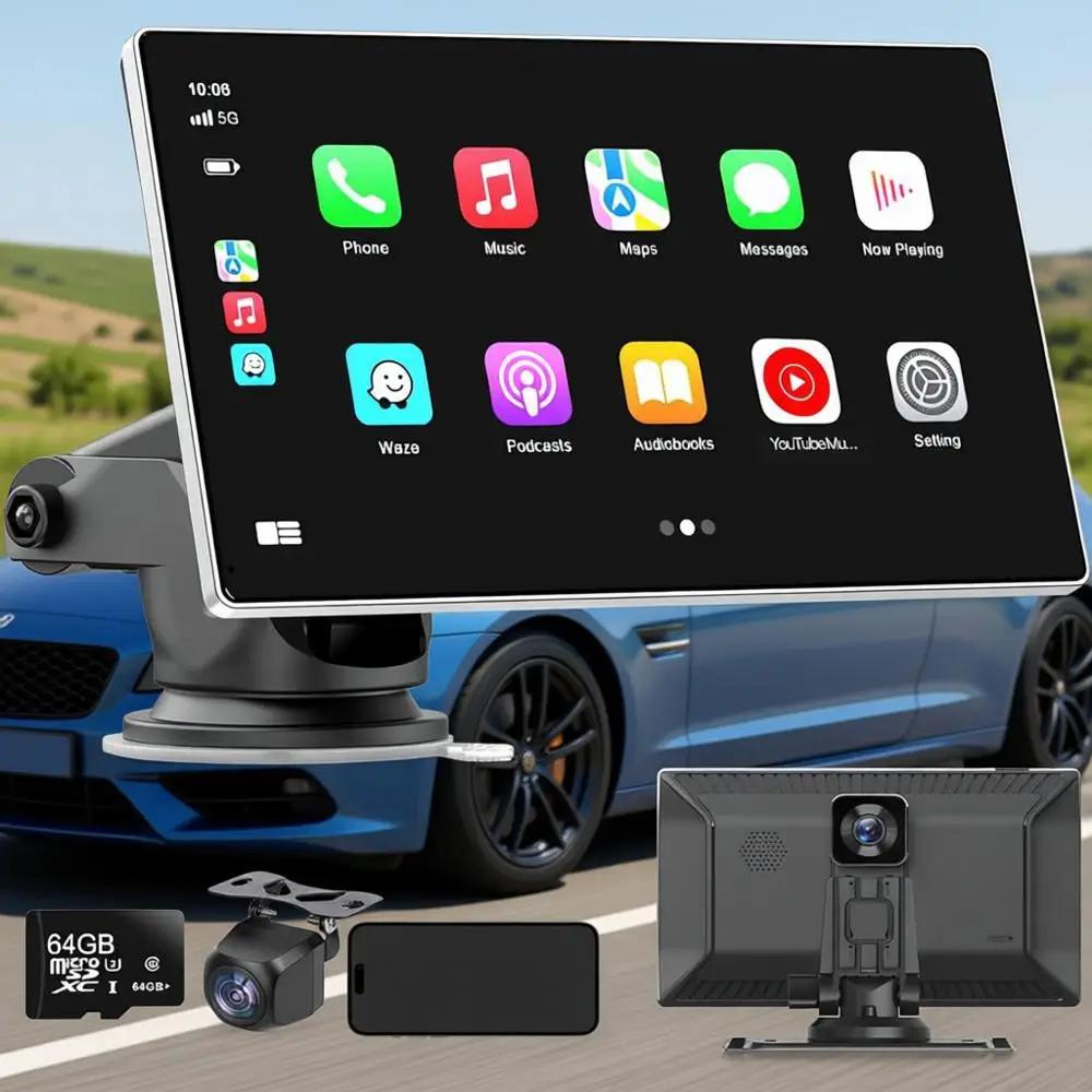 

Portable Carplay, Wireless Carplay & Android Auto, 4K Camera, 1080p Backup DVR, Audio Receivers GPS Navigation Mirror Link, Blue